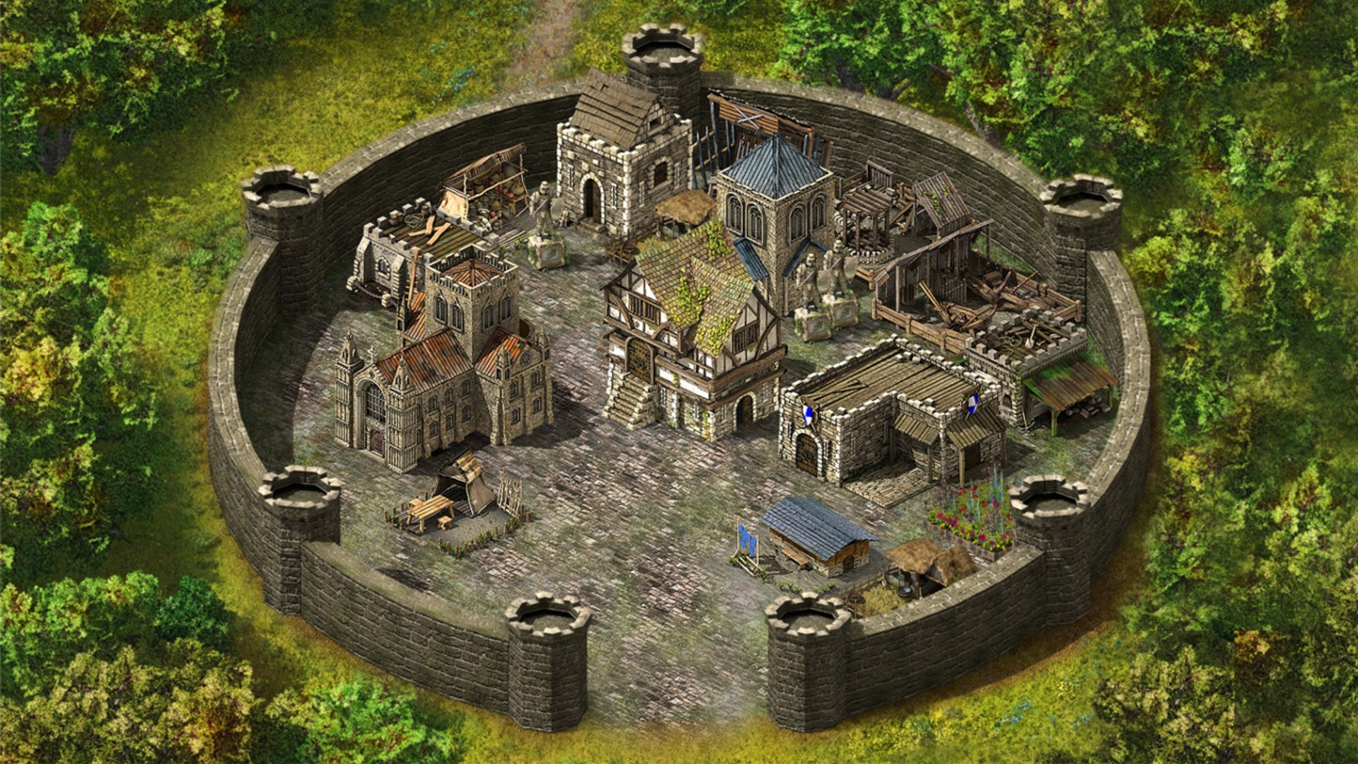 بازی های آنلاین: تصویر ساختمانهایی را در دیوارهای قلعه دایره ای در پادشاهی های دژ نشان می دهد