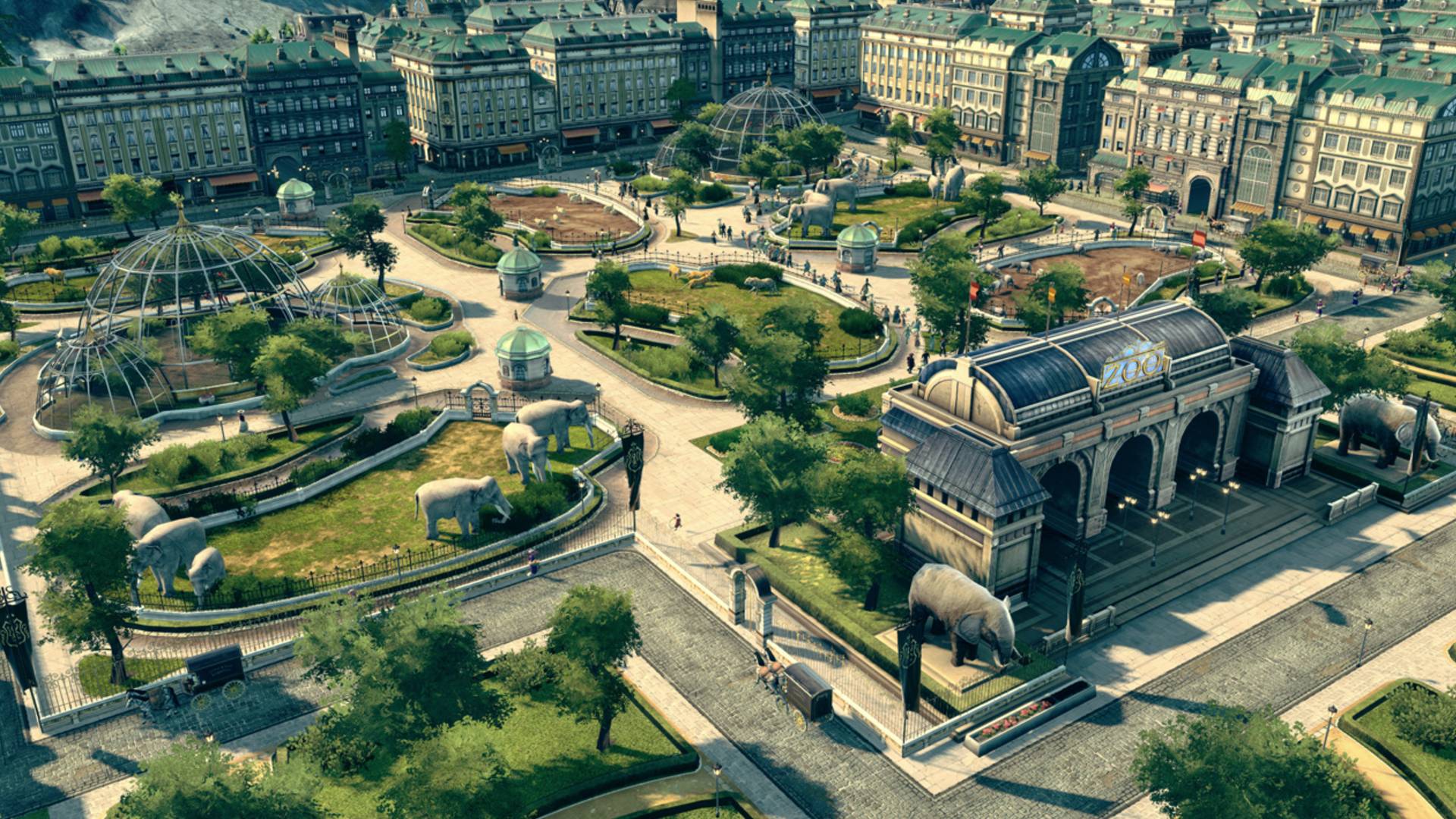 Best city-building games: Anno 1800. Image shows a park filled with statues and glass spheres.