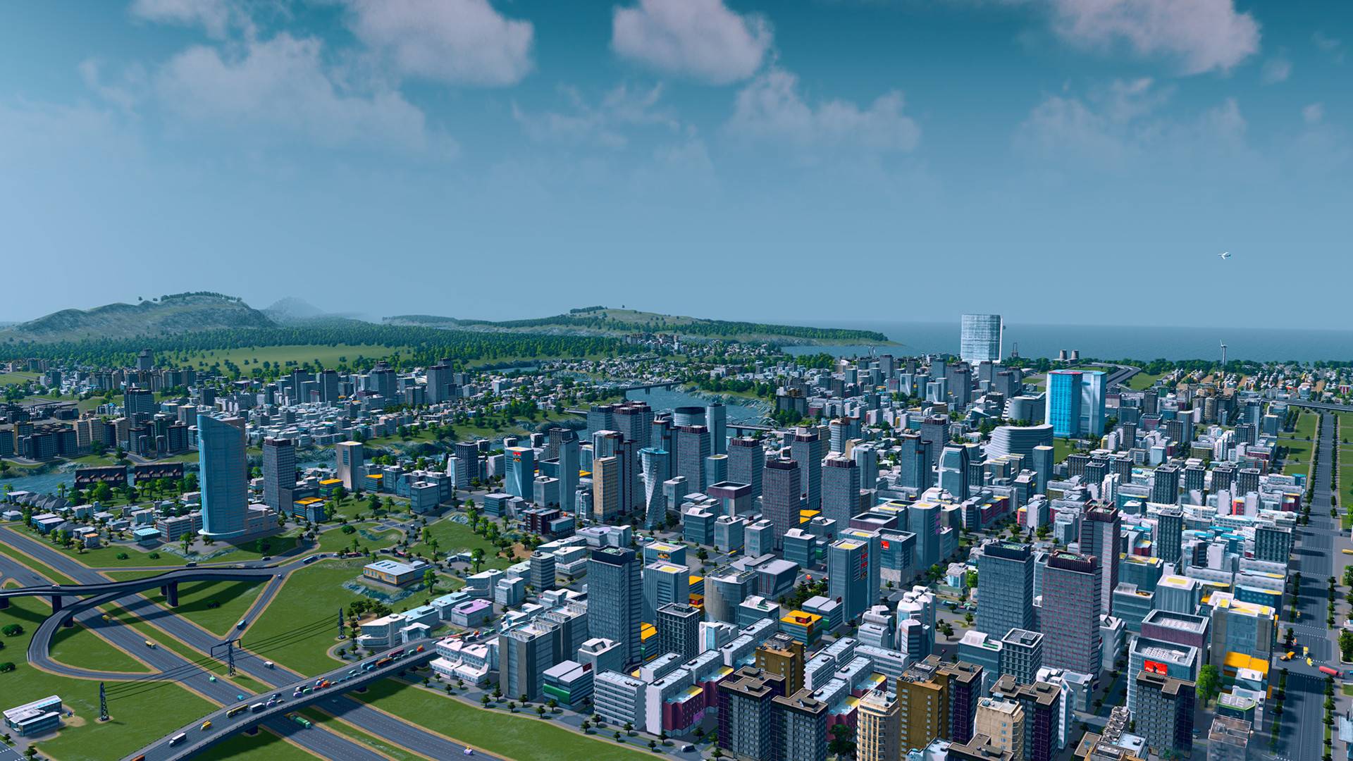 सर्वोत्कृष्ट शहर-बांधकाम खेळ: शहरे: स्कायलिन्स. प्रतिमा गगनचुंबी इमारतींनी भरलेले एक विस्तृत शहर दर्शविते