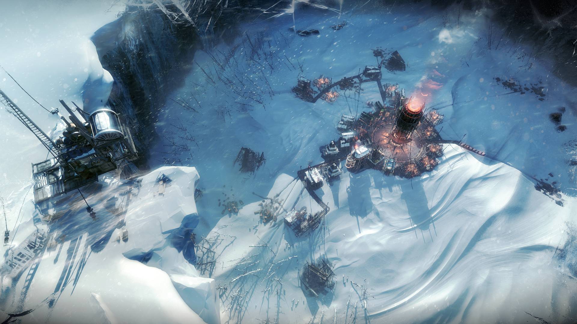 Najlepsze gry budujące miasta: Frostpunk. Zdjęcie pokazuje osadę przemysłową w zaśnieżonym krajobrazie