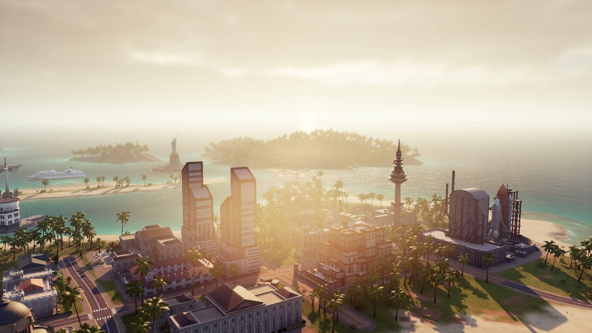 Best city-building games: Tropico 6. Image shows a sunny urban skyline.