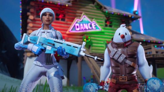 Two snow-themed Fortnite skins standing in front of a dance sign