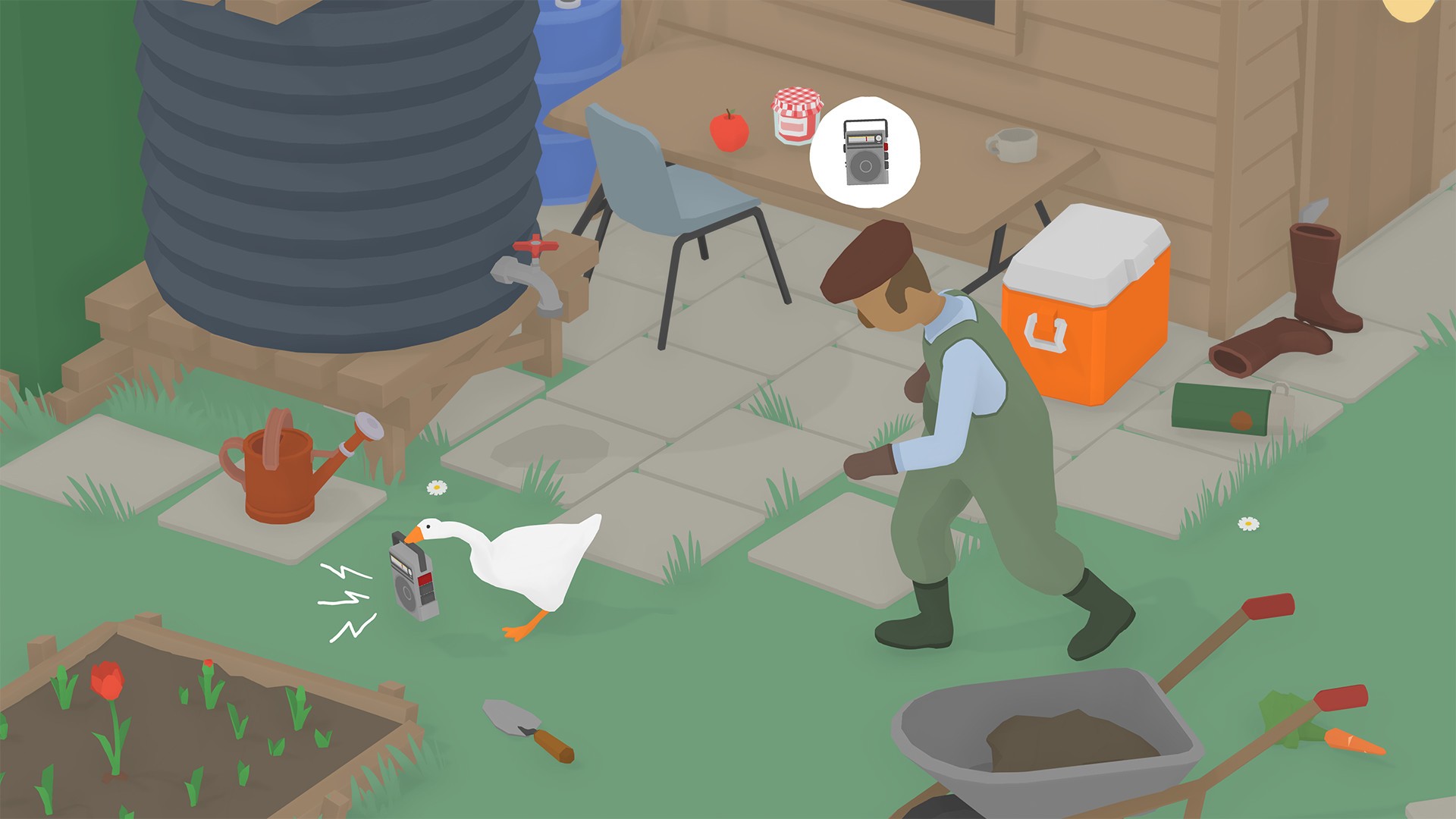 Best games for laptop: Untitled Goose Game. Image shows a man chasing a goose who has stolen his speaker.