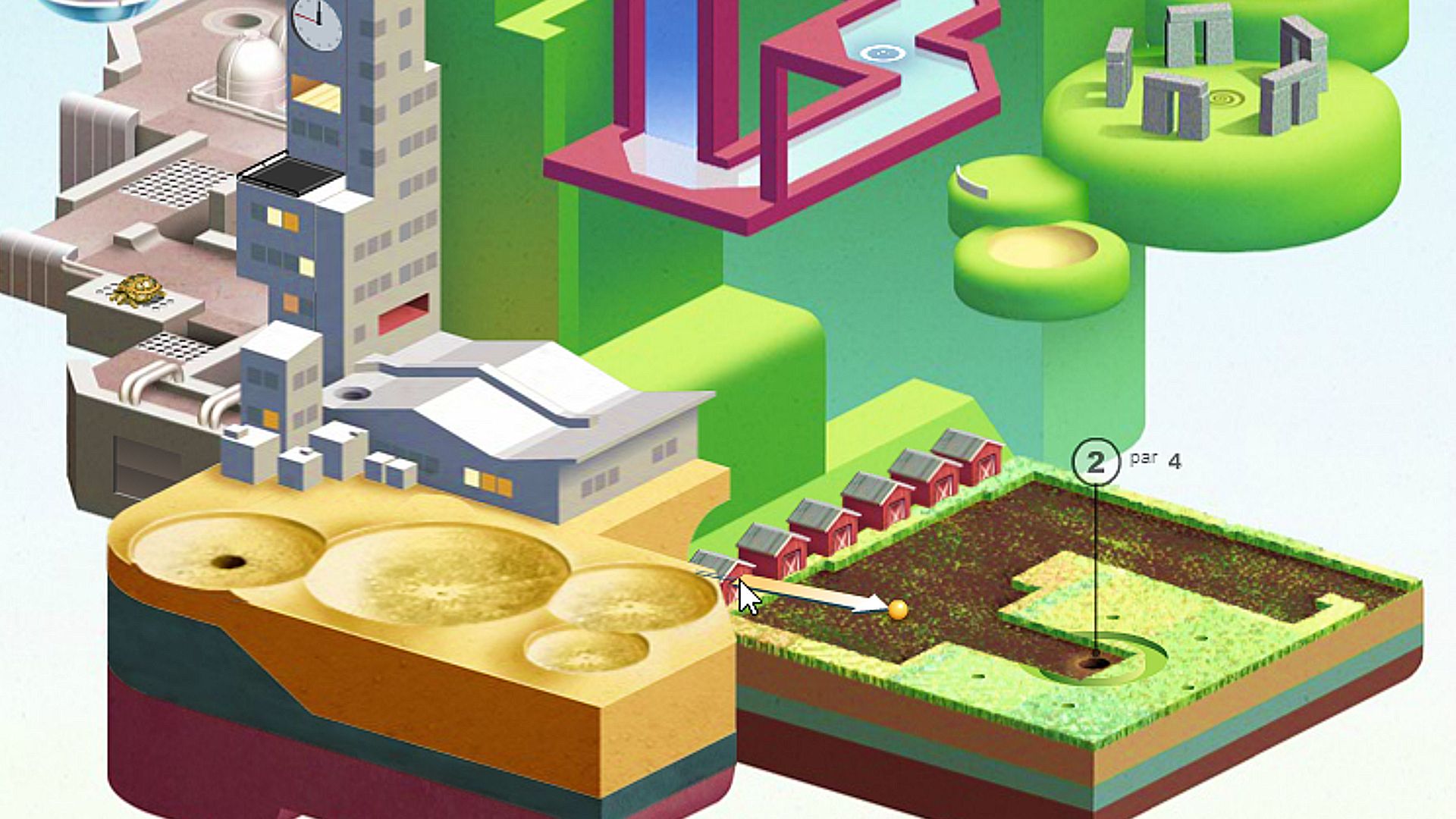 Online játékok: Wonderputt. A kép egy város-esque golfpályát mutat