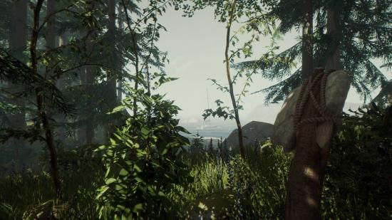 The Forest Best Mods Guide: het eerste persoonsperspectief van de hoofdrolspeler van het bos, met een grof vervaardigde tomahawk terwijl ze door het kreupelhout van het bos turen. Tussen de bomen is een schip te zien net voorbij de kustlijn, verduisterd door mist
