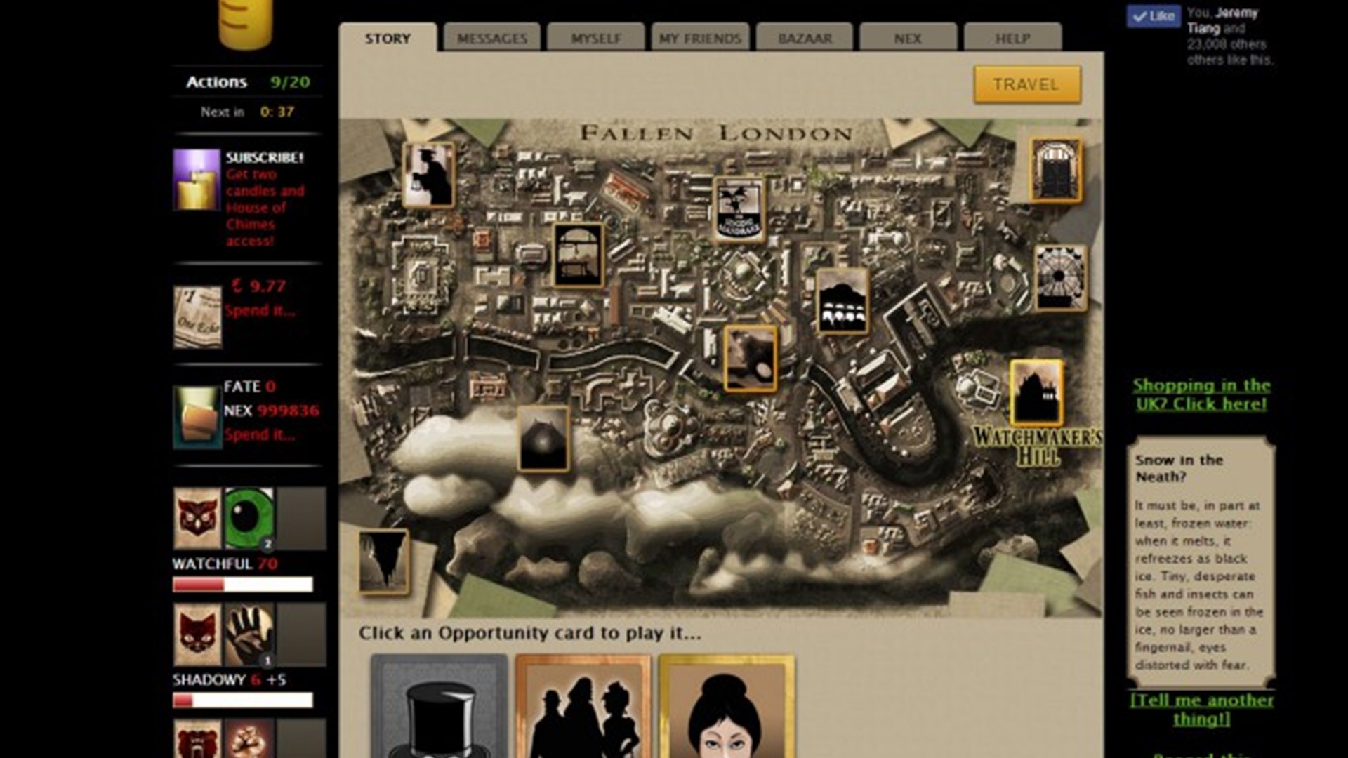 Online spellen: Fallen London. Afbeelding toont een kaart van Londen met verschillende opties die beschikbaar zijn voor de speler rond het scherm