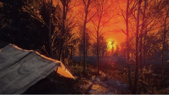 Best Witcher 3 mods - 1000 times better reshade: A tent in a forest under a fire-red sunset