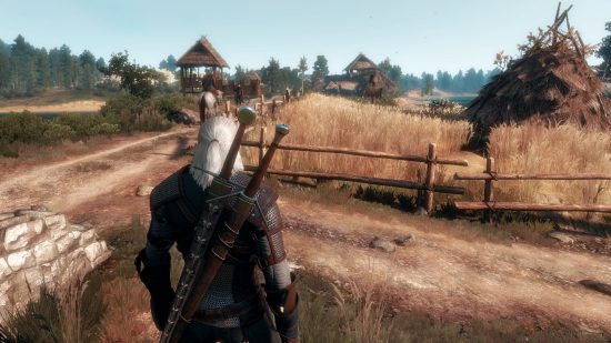 Best Witcher 3 mods - E3FX: Geralt stands looking out on an autumnal modded field