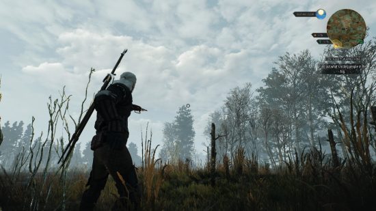 Best Witcher 3 mods - immersive camera: Player uses the immersive bow aiming tool, looking up at Geralt from a different angle, helping to aim into the air better