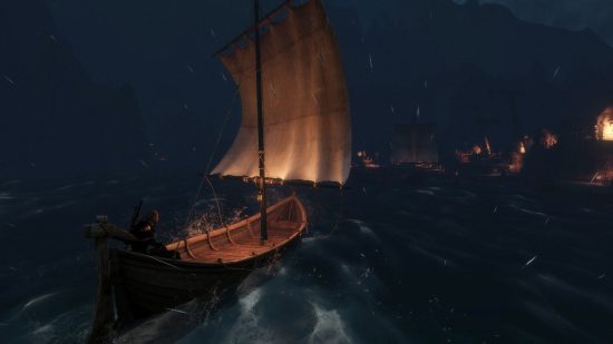 Best Witcher 3 mods - Lamp on player's boat: At night, Geralt sails on a boat, which has a lantern mounted on the sail