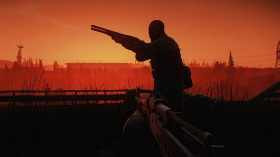 Is Escape from Tarkov available on steam: the sillouette of a man holding a shotgun with the sun setting behind him