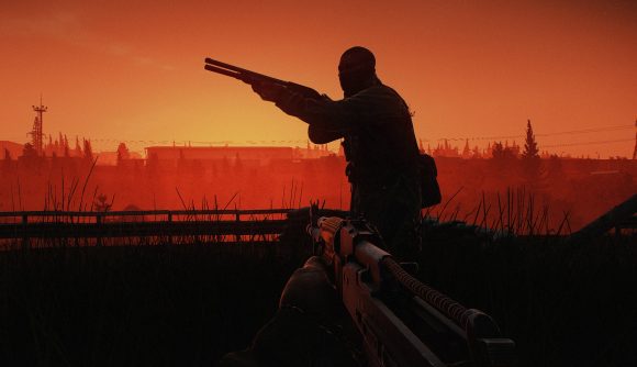 Is Escape from Tarkov available on steam: the sillouette of a man holding a shotgun with the sun setting behind him