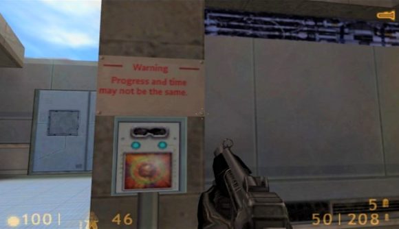 In a first-person shooter a player is looking towards an eye-scanner. Above it is a sign that reads: "Warning. Progress and time may not be the same."