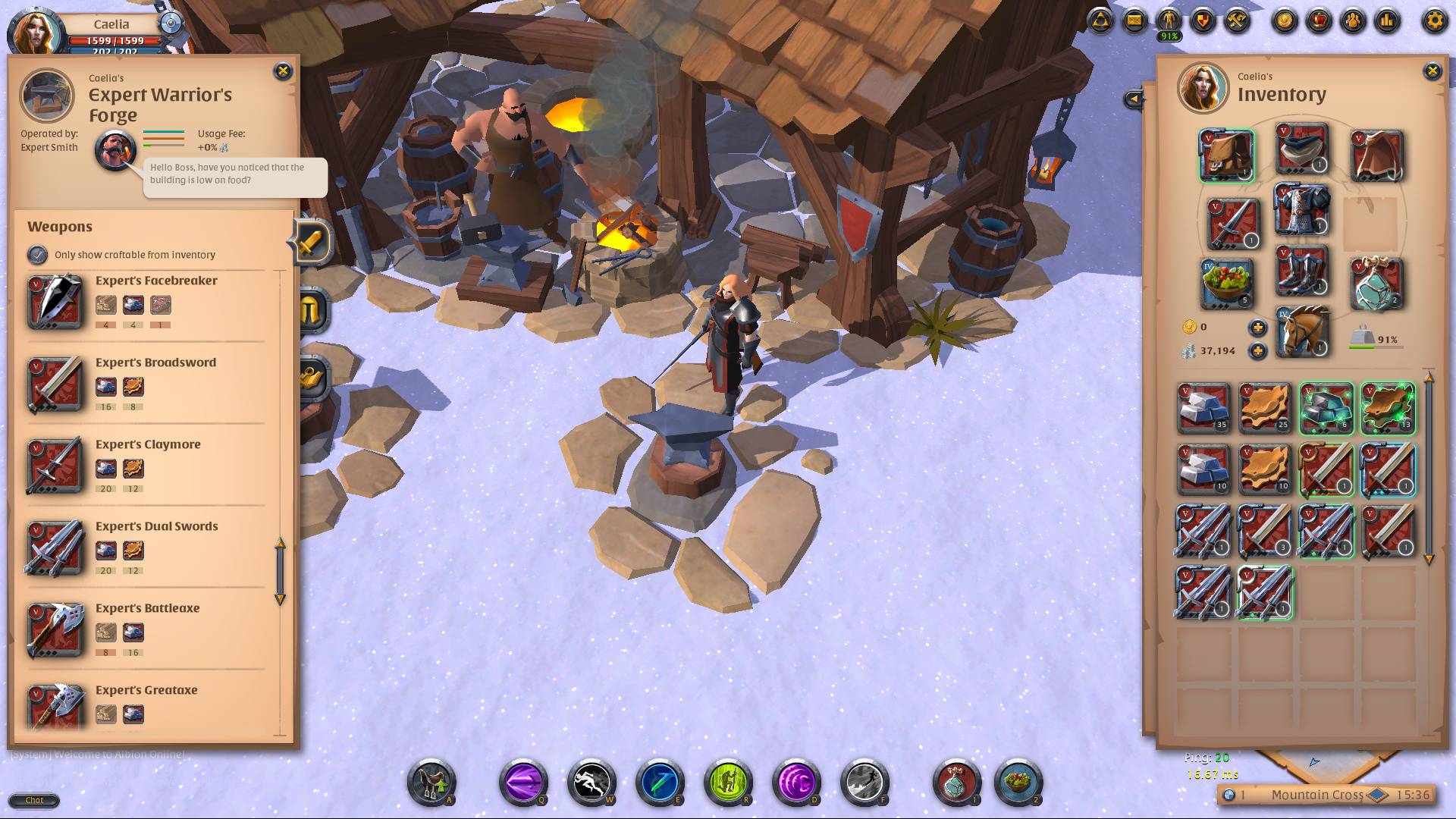 Best free PC games: Albion Online. Image shows a character standing outside a house on a snowy day, with lots of the game's UI visible.