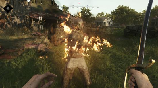 A player confronts a burning zombie in Hunt: Showdown.