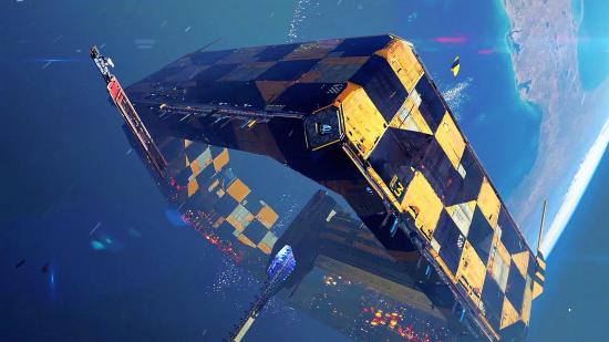 A yellow-and-black checkered space station in Hardspace: Shipbreaker.