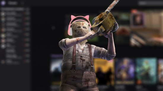 April Fools 2023 - a chainsaw-wielding Dr Salvador with pink, cat-eared headphones atop his burlap sack-covered head