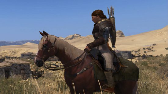 Bannerlord caravans - a woman on horseback looking over a village. She has a quiver on her back, filled with arrows.