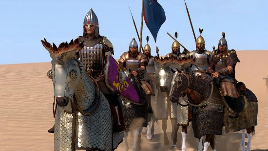 Лучшие компаньоны Bannerlord — командир кавалерийского отряда, скачущий на своих бронированных лошадях по пустыне.