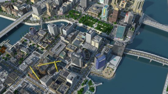 Minecraft Cities: Greenfield es una ciudad moderna con grúas y torres de gran altura
