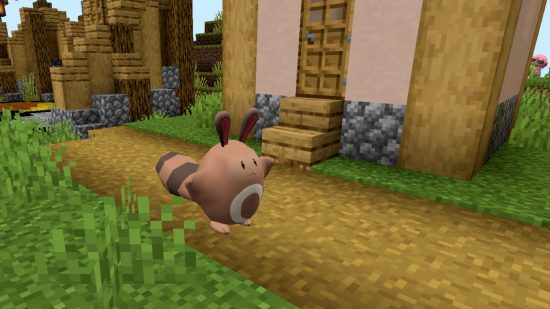 Un Sentret salvaje aparece en una aldea de Minecraft en el mod Pixelmon Reforged.