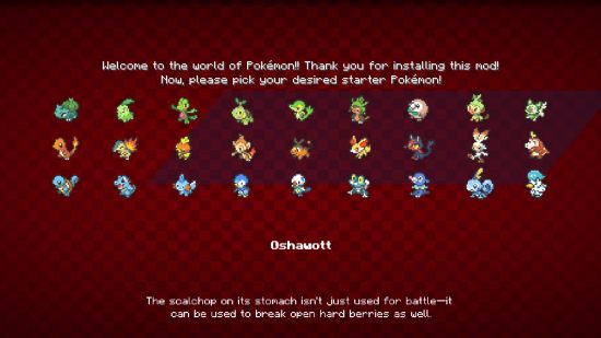 Startvalsskärmen för att välja din Minecraft Pokémon i Pixelmon Reforged Mod