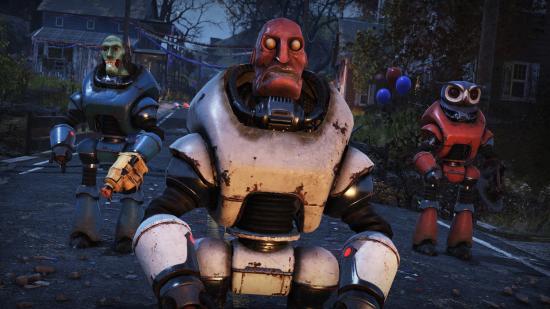 A Collectron wearing a Fasnacht Day mask in Fallout 76