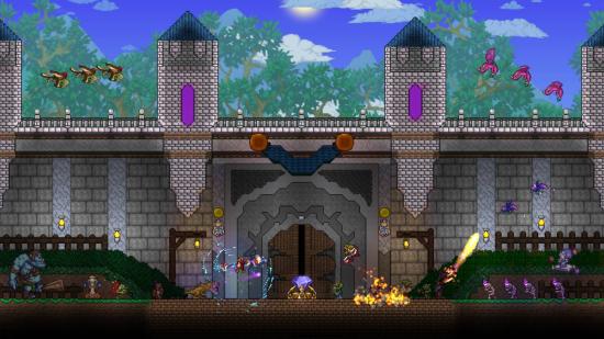 Brewing some Terraria potions inside a castle while monsters attack from all sides..
