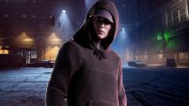 Vampire The Masquerade Bloodlines 2 clans: A hooded figure wearing a purple baseball cap standing against a snowy city background