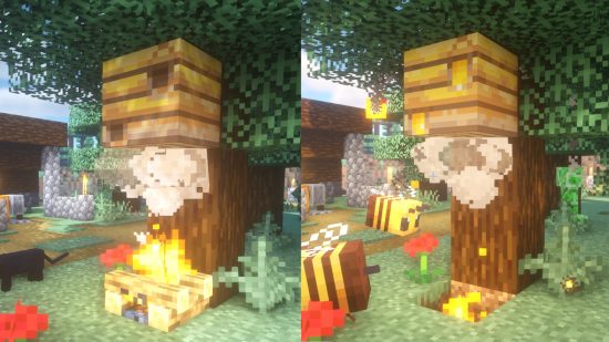 Minecraft शहद स्तर 5: छवि के बाईं ओर एक खाली मधुमक्खी घोंसला है, दाईं ओर एक स्तर 5 मधुमक्खी घोंसला शहद के साथ है