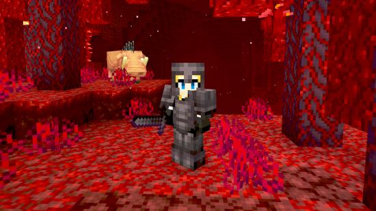 A Minecraft player character wearing a full set of Netherite armour, holding a Netherite sword