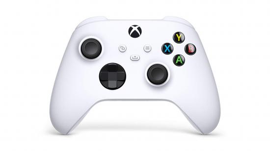 A white Xbox wireless controller against a white background