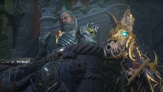 General Ketheric Thorm, a powerful necromancer dressed in plate armor adorned with bones, sits on a throne, his skeletal hellhound by his side, who you're set to face off against following the Baldur's Gate 3 release date.