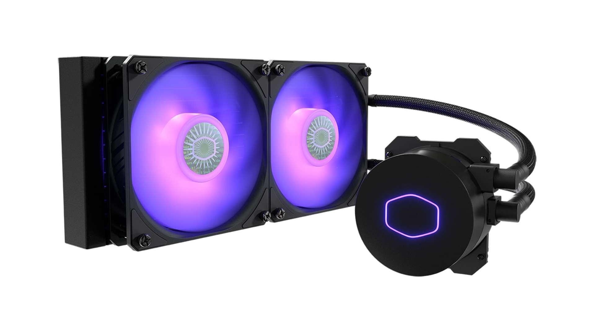 The Cooler Master MasterLiquid ML240L has purple fan lighting and the CM logo on the pump on a white background.