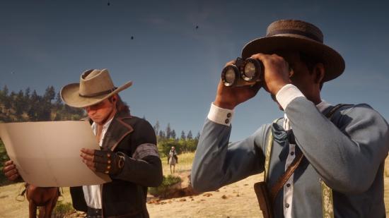 Two cowboys in Red Dead Redemption 2 looking off into the distance