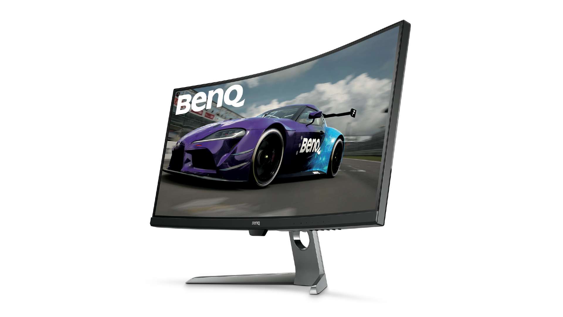 The BenQ EX3501R gaming monitor sits facing towards the left against a white background
