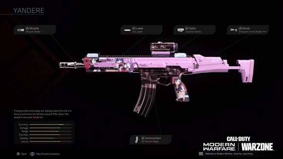 The Yandere gun skin has several cute anime girls with bunny ears towards the barrel of the hot pink gun, and a schoolgirl on the grip.