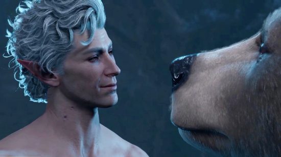 Baldur's Gate 3 romance: a naked man stares longingly into the eyes of a bear.