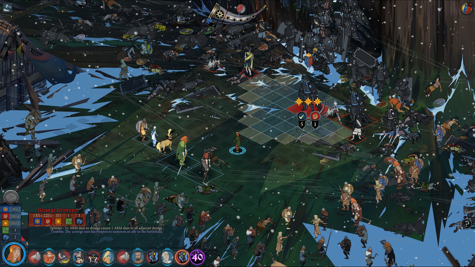 Best turn-based RPG: Banner Saga 3. Image shows two groups of warriors face off against each other on a field with a grid imposed on top.