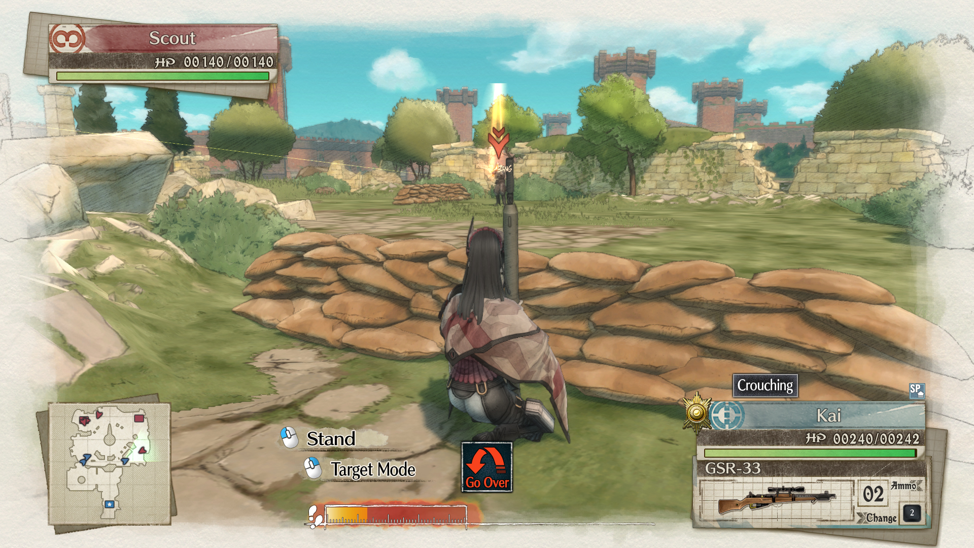 Best turn-based RPGs: Valkyria Chronicles 3. Image shows a girl crouches in front of some sandbags, rifle raised, with an enemy ahead.
