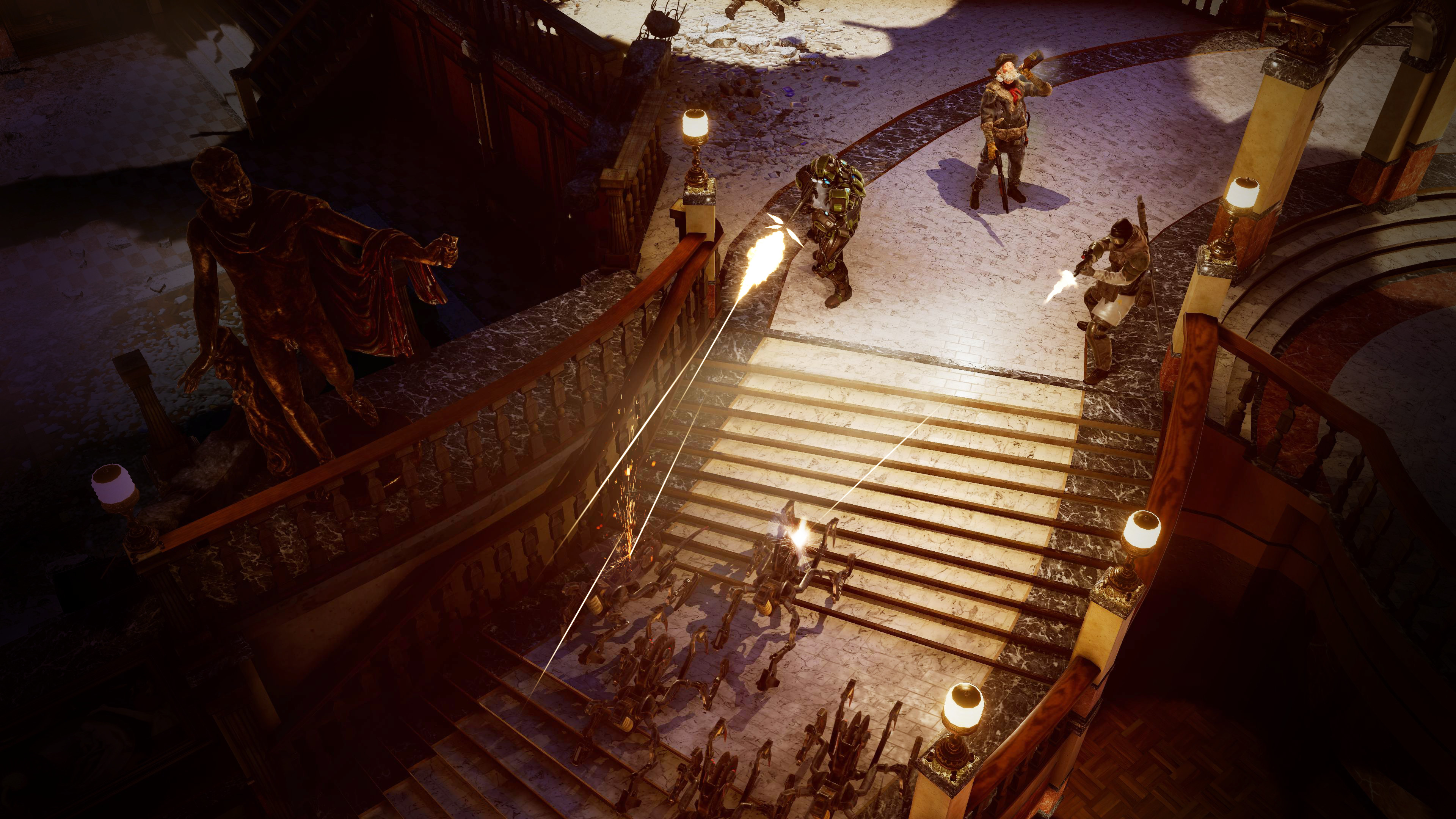 Best turn-based RPG: Wasteland 3. Image shows two men at the top of some stairs fire down at advancing robots. a third man stand at the rear swigging moonshine.