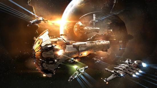 Frigates approach two massive capital ships in Eve Online.
