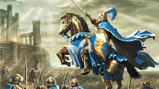 A gallant knight with a blue cape and a shield with a griffon on the sigil. He's ordering soldiers to attack the enemy army, including giants wearing Greek styled armour. A big castle looms in the background.