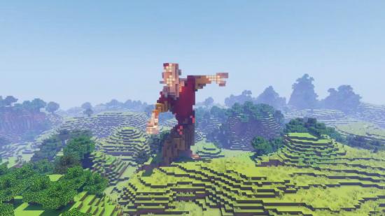 Aang from Avatar: The Last Airbender, doing a pose before throwing out a jet of wind. This is a still from the Minecraft stop motion recreation within Minecraft