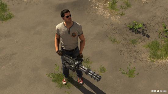 Sam Stone holds a minigun in Serious Sam 4.