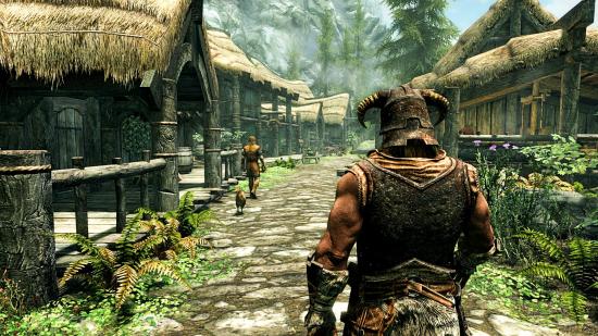 Skyrim console commands: a figure wearing a helmet strides into a quiet village