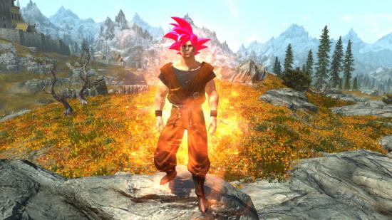 Player dressed as Super Saiyan God form Goku, complete with bright magenta hair and an orange gi.