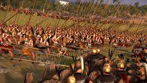 Two armies clashing together. The romans have their shields up while the opposing armies have lances pointed at them.