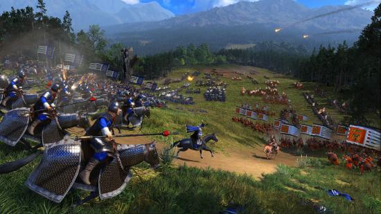 two armies clashing, one tinged with blue the other red. mounted units in the fore.