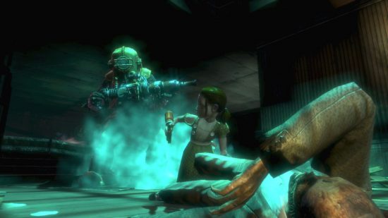 Bioshock: a creepy little girl uses a needle on a corpse